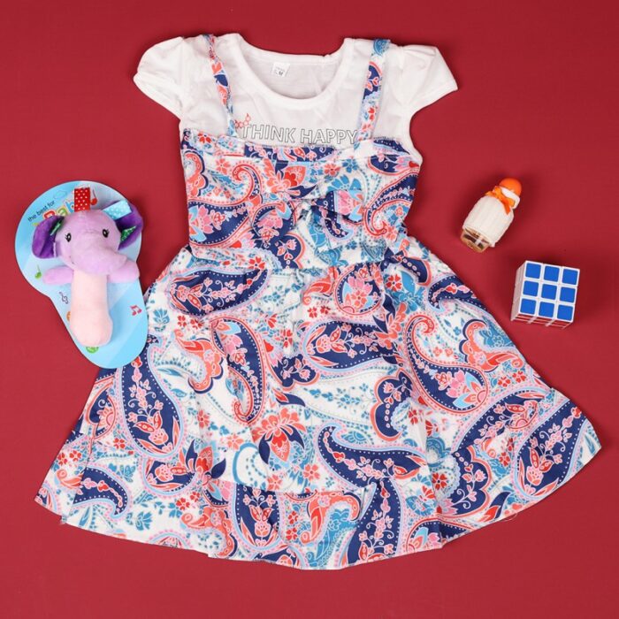 ⁦فستان بناتي بتصميم عصري للأطفال لون زهري وكحلي وأبيض⁩ - الصورة ⁦2⁩