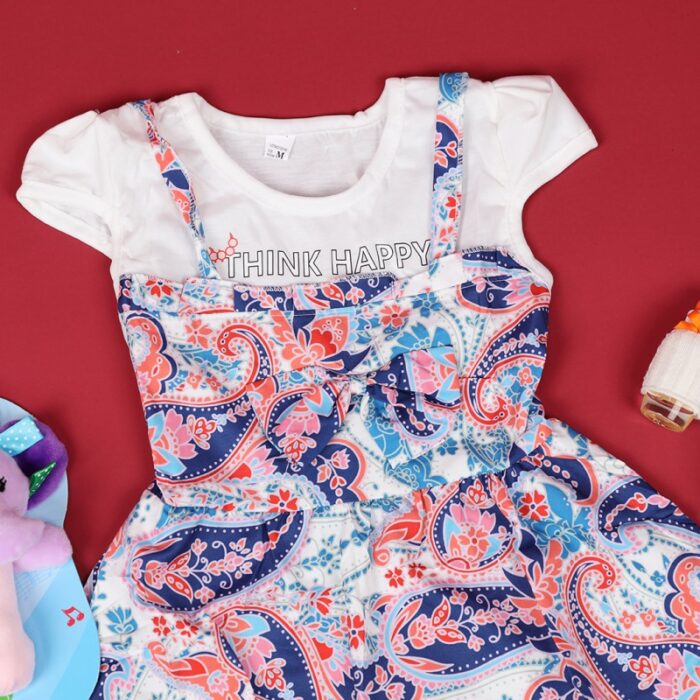 ⁦فستان بناتي بتصميم عصري للأطفال لون زهري وكحلي وأبيض⁩ - الصورة ⁦3⁩