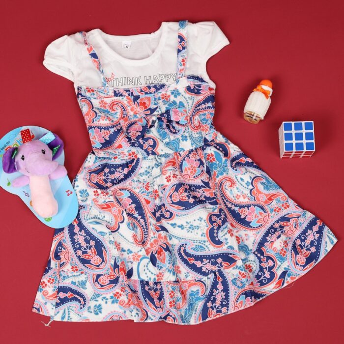 ⁦فستان بناتي بتصميم عصري للأطفال لون زهري وكحلي وأبيض⁩ - الصورة ⁦7⁩