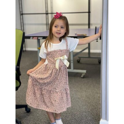 فستان بناتي قطعة واحدة بتصميم مورد للأطفال لون زهري بارد وأبيض