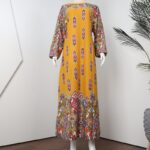 ⁦قميص بيتي للنساء كم طويل لون كموني بتصميم زخارف⁩ - الصورة ⁦6⁩