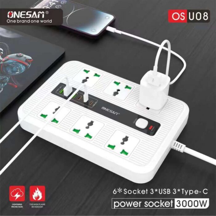 ⁦وصلة كهرباء 18 واط (6 مخارج كهرباء+3 يو بي سي+3 تايب سي) من اونسيم لون ابيض⁩ - الصورة ⁦3⁩