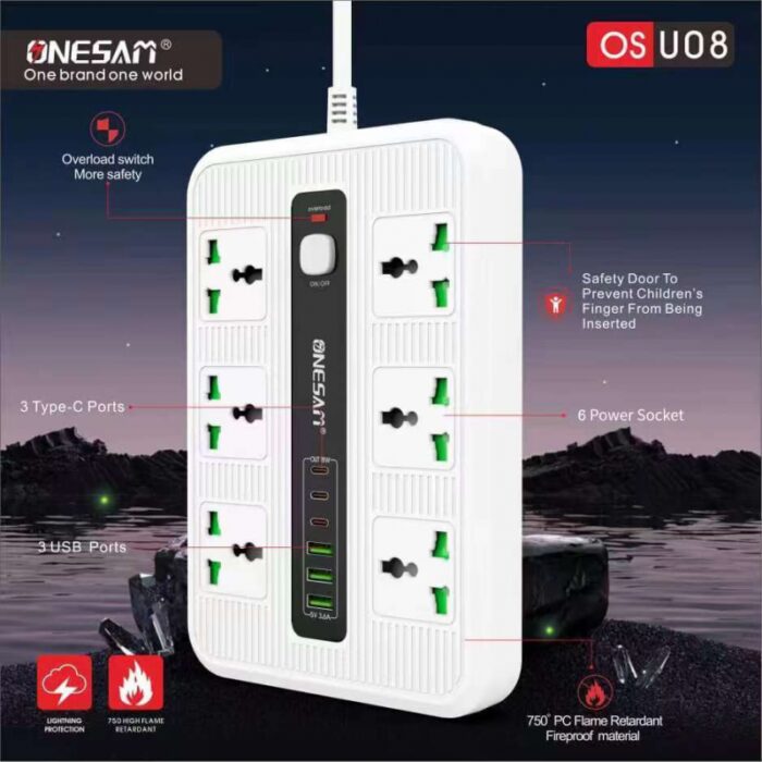 ⁦وصلة كهرباء 18 واط (6 مخارج كهرباء+3 يو بي سي+3 تايب سي) من اونسيم لون ابيض⁩ - الصورة ⁦5⁩