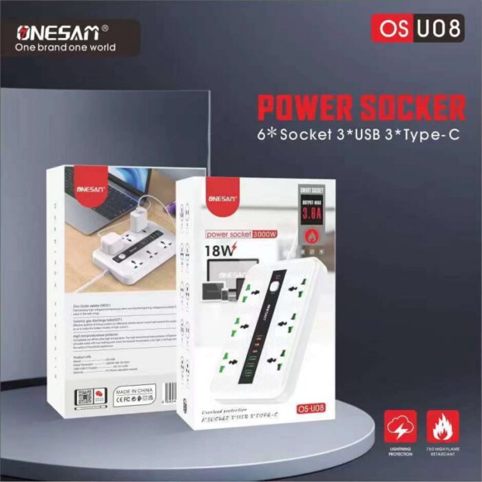 ⁦وصلة كهرباء 18 واط (6 مخارج كهرباء+3 يو بي سي+3 تايب سي) من اونسيم لون ابيض⁩ - الصورة ⁦6⁩