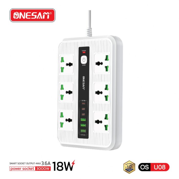 ⁦وصلة كهرباء 18 واط (6 مخارج كهرباء+3 يو بي سي+3 تايب سي) من اونسيم لون ابيض⁩ - الصورة ⁦7⁩