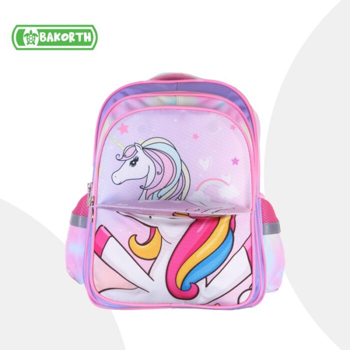 ⁦شنطة مدرسة بناتي 14 انش بتصميم قلاب يوني كورن لون بنفسجي وزهري⁩ - الصورة ⁦2⁩