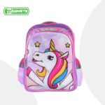 ⁦شنطة مدرسة بناتي 14 انش بتصميم قلاب يوني كورن لون بنفسجي وزهري⁩ - الصورة ⁦3⁩