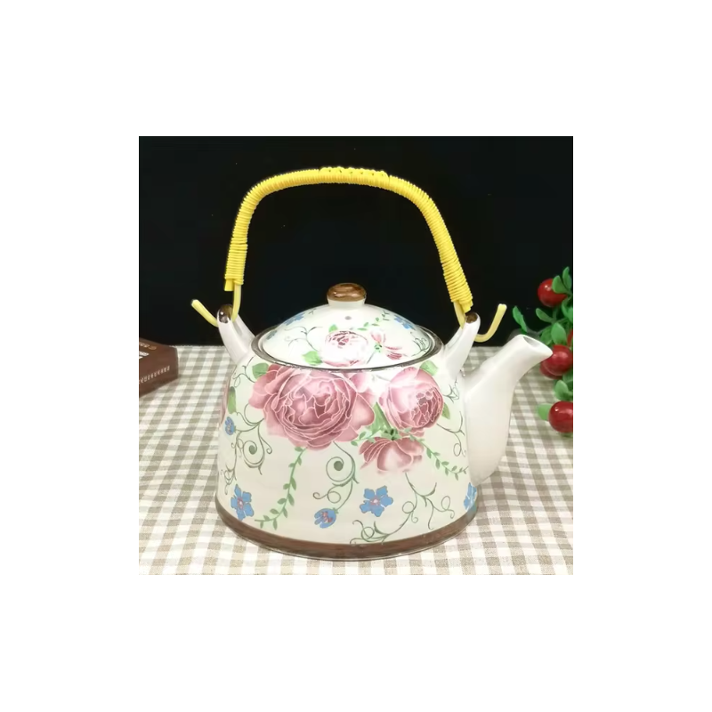 ⁦ابريق شاي بورسلان مع مصفاة لون طحيني مورد خمري⁩ - الصورة ⁦1⁩