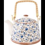 ابريق شاي بورسلان مع مصفاة لون طحيني مورد ازرق