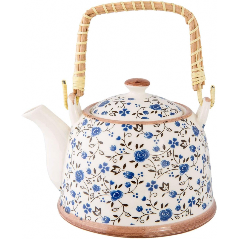 ⁦ابريق شاي بورسلان مع مصفاة لون طحيني مورد ازرق⁩ - الصورة ⁦1⁩