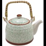 ابريق شاي بورسلان مع مصفاة لون طحيني مورد اخضر
