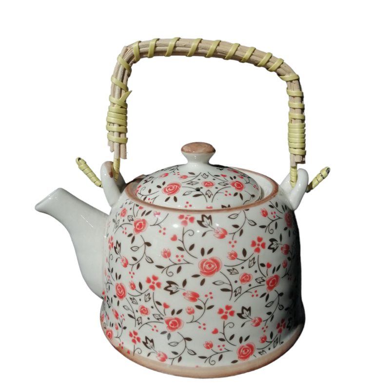 ⁦ابريق شاي بورسلان مع مصفاة لون طحيني مورد احمر واسود⁩ - الصورة ⁦1⁩