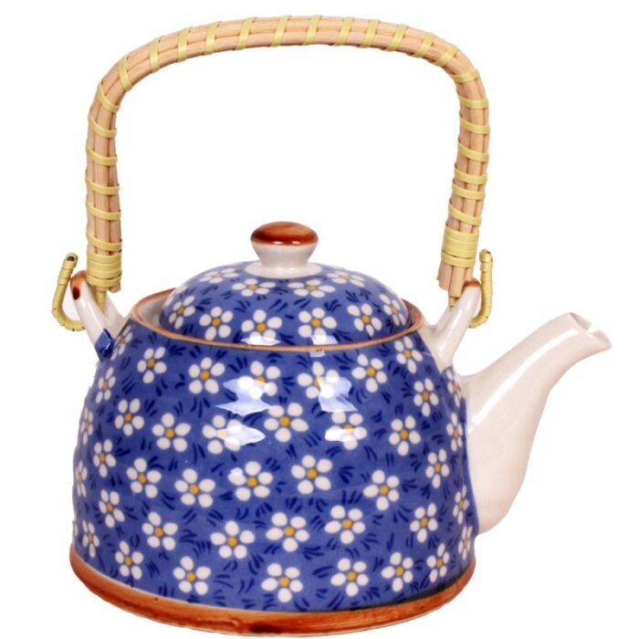 ⁦ابريق شاي بورسلان مع مصفاة لون أزرق مورد أبيض⁩ - الصورة ⁦2⁩