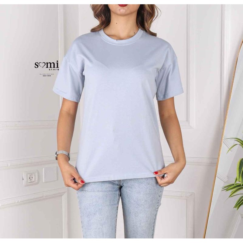 ⁦تيشيرت قطني بأكمام قصيرة وقبة دائرية من Sami Boutique للنساء لون ازرق بارد⁩ - الصورة ⁦1⁩