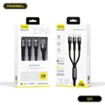كيبل شحن USB بثلاثة رؤوس، ماركة PAVAREAL مضاد للانحناء بقوة 120 واط طول 1.2 متر Micro-USB و Lightning و Type-C موديل Q01