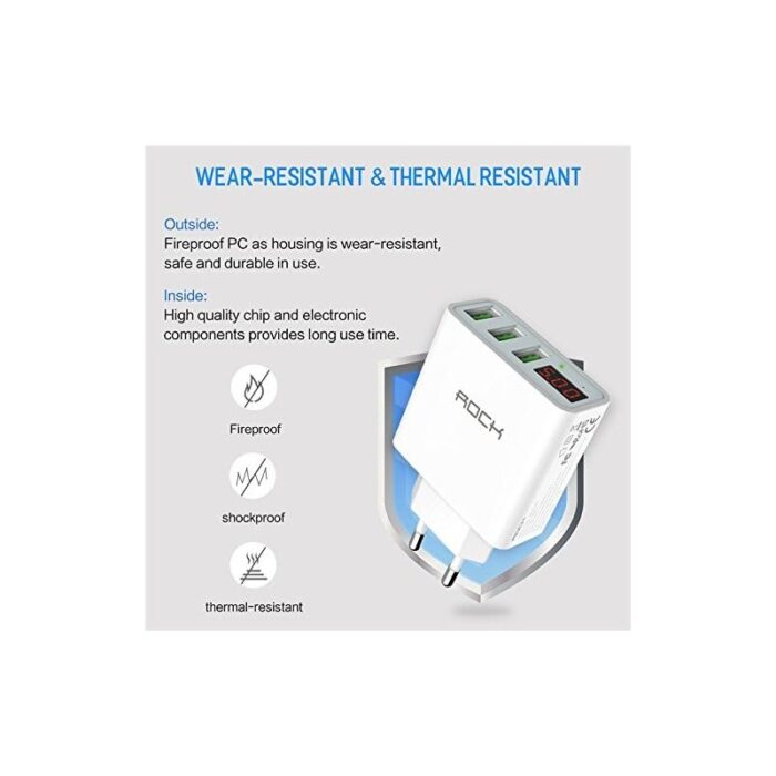 ⁦عظمة شحن Rock USB بثلاثة منافذ شحن سريع بقوة 30 وات مع شاشة LED رقمية لهاتف iPhone وiPad وSamsung Galaxy وNexus وHTC وLG (أسود)⁩ - الصورة ⁦2⁩