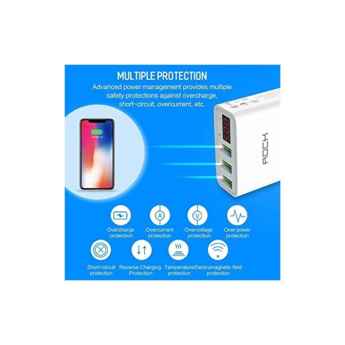 ⁦عظمة شحن Rock USB بثلاثة منافذ شحن سريع بقوة 30 وات مع شاشة LED رقمية لهاتف iPhone وiPad وSamsung Galaxy وNexus وHTC وLG (أسود)⁩ - الصورة ⁦4⁩