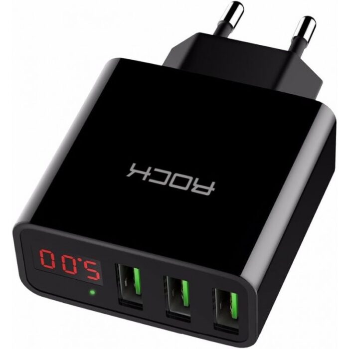⁦عظمة شحن Rock USB بثلاثة منافذ شحن سريع بقوة 30 وات مع شاشة LED رقمية لهاتف iPhone وiPad وSamsung Galaxy وNexus وHTC وLG (أسود)⁩ - الصورة ⁦5⁩