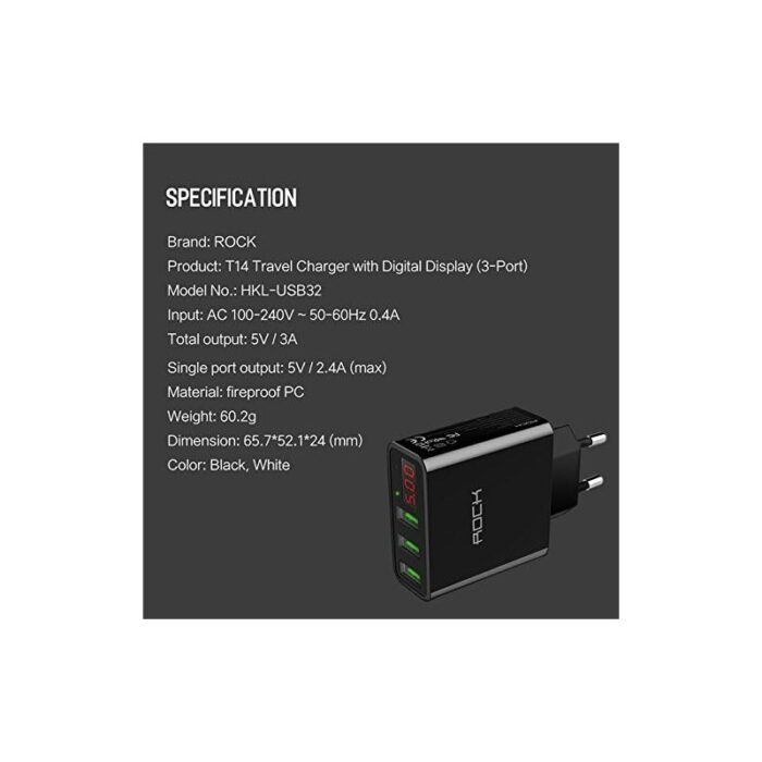 ⁦عظمة شحن Rock USB بثلاثة منافذ شحن سريع بقوة 30 وات مع شاشة LED رقمية لهاتف iPhone وiPad وSamsung Galaxy وNexus وHTC وLG (أسود)⁩ - الصورة ⁦6⁩