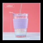 مج زجاج ثقيل شفاف بدون مقبض وجلدة سيلكون سعة 410 مل لون بنفسجي