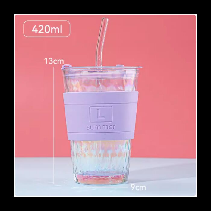 103374457_67dc5fd063484 مج زجاج ثقيل شفاف بدون مقبض وجلدة سيلكون سعة 410 مل لون بنفسجي - الصورة 1