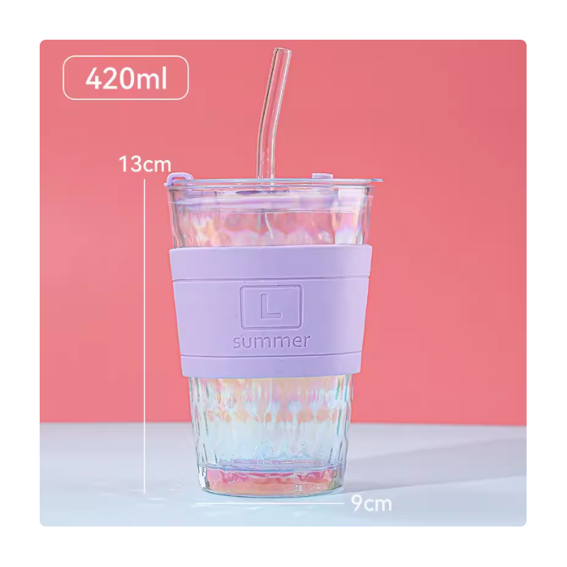 ⁦مج زجاج ثقيل شفاف بدون مقبض وجلدة سيلكون سعة 410 مل لون بنفسجي⁩ - الصورة ⁦1⁩