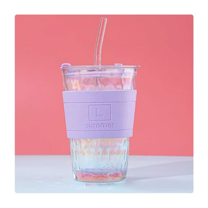 ⁦مج زجاج ثقيل شفاف بدون مقبض وجلدة سيلكون سعة 410 مل لون بنفسجي⁩ - الصورة ⁦2⁩