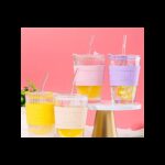 ⁦مج زجاج ثقيل شفاف بدون مقبض وجلدة سيلكون سعة 410 مل لون بنفسجي⁩ - الصورة ⁦3⁩