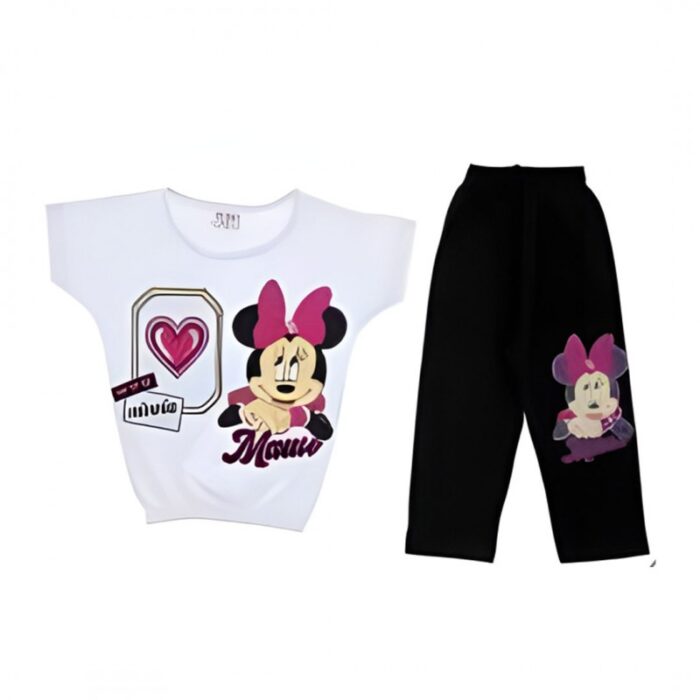 103374466_67dc5fee90e01 طقم بناتي صيفي (تيشيرت وبنطلون) بتصميم ميكي ماوس للأطفال لون أبيض وأسود - الصورة 1
