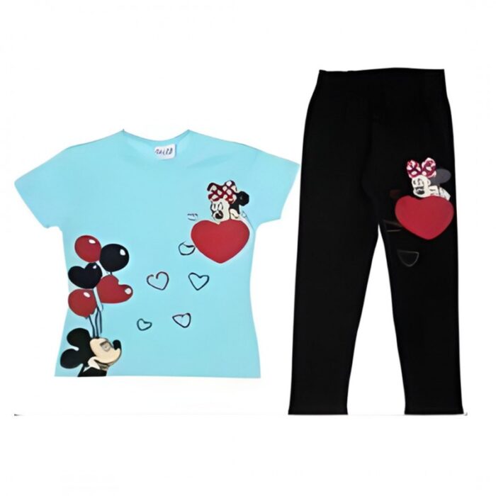 103374475_67dc5ffe92598 طقم بناتي صيفي (تيشيرت وبنطلون) بطباعة رسوم ميكي ماوس للأطفال لون تركواز وأسود - الصورة 1