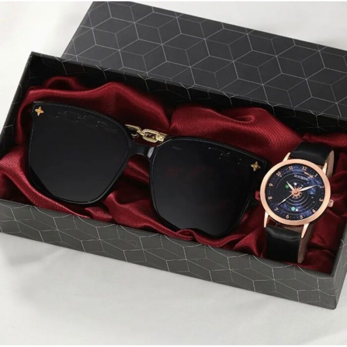 ⁦نظارة شمسية للنساء لون أسود مع ساعة يد جلد MSCXK⁩ - الصورة ⁦2⁩
