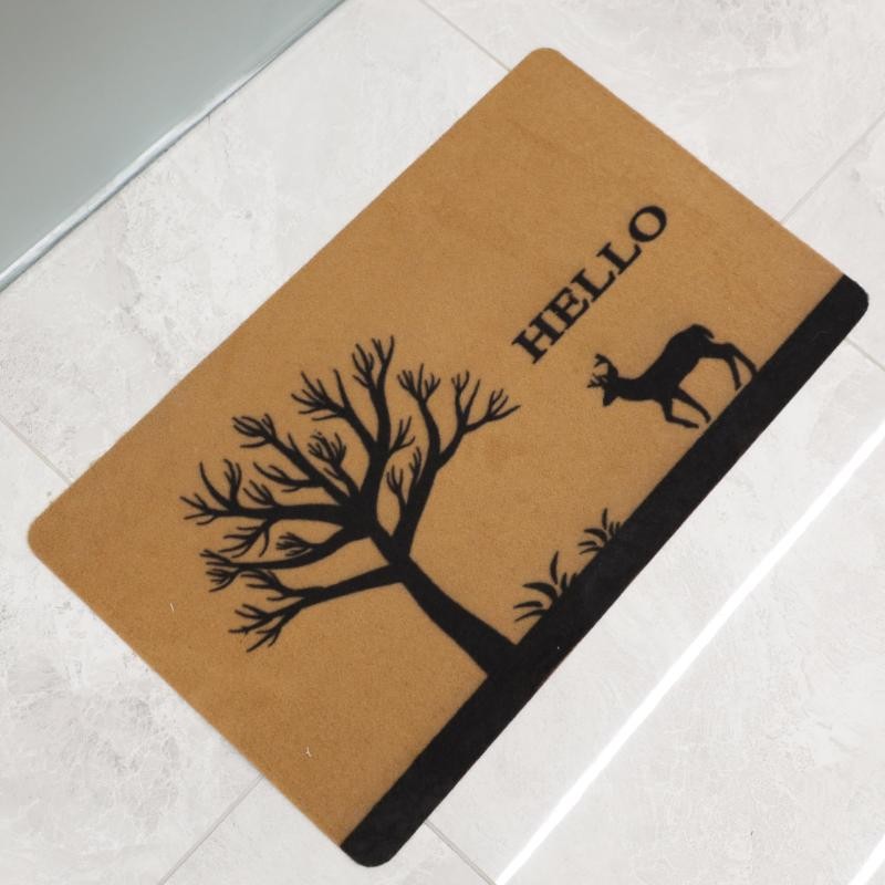 ⁦سجادة أرضية (دعسة المداخل) قماشية بتصميم مستطيل مع طباعة غزال وشجرة حجم 70×40 سم لون عسلي وأسود⁩ - الصورة ⁦1⁩