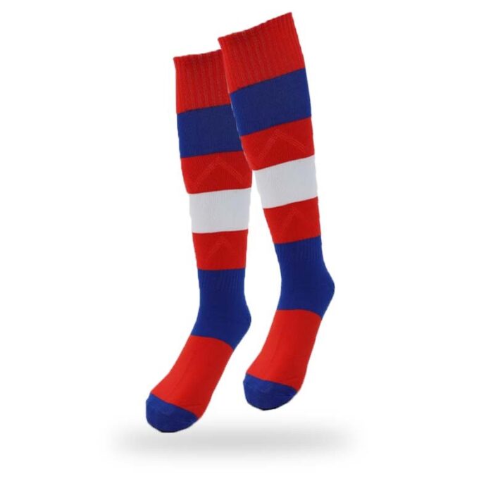 ⁦جوارب كرة قدم رياضية طويلة للشباب لون أحمر وأزرق وأبيض⁩ - الصورة ⁦11⁩