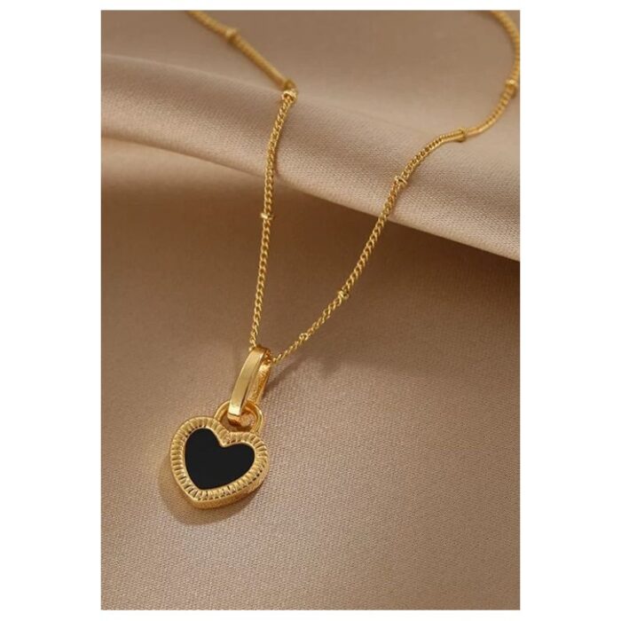 ⁦سلسال ذهبي بتصميم قلب وجهين بلون أبيض وأسود⁩ - الصورة ⁦2⁩