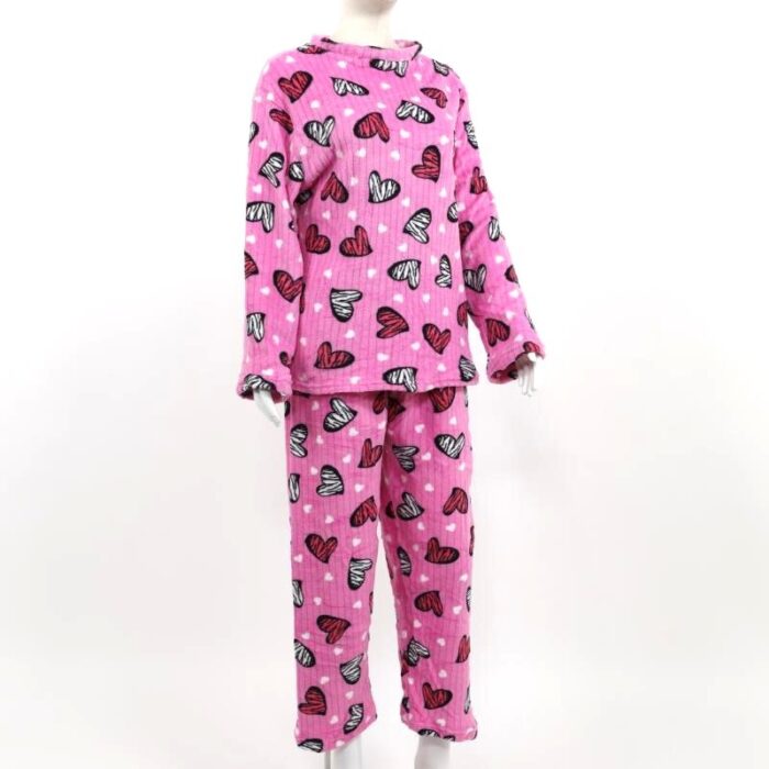 ⁦بيجامة صوف للنساء لون زهري بتصميم قلوب⁩ - الصورة ⁦2⁩