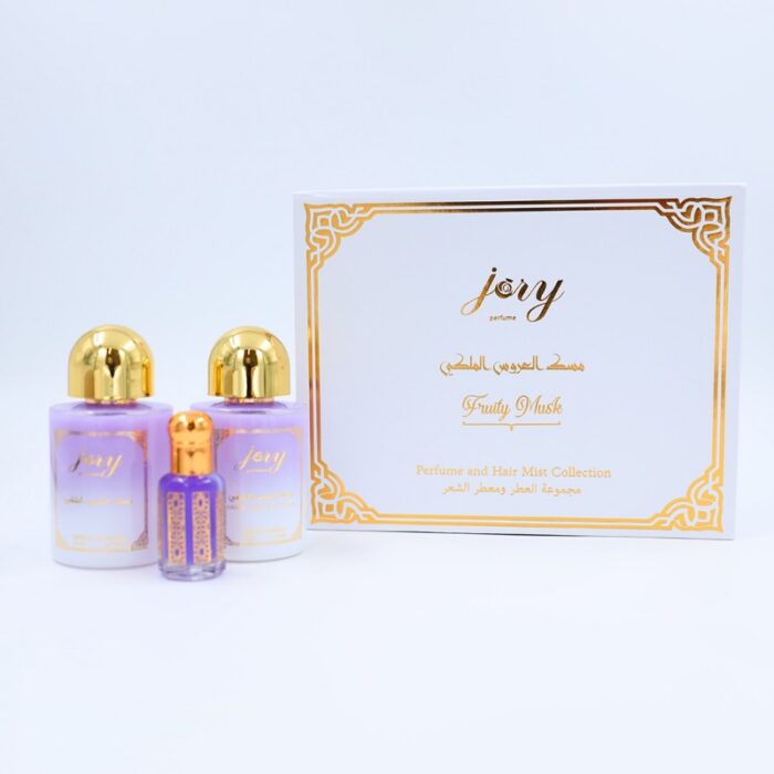 1033751723_67dc66f61fe84 طقم مسك العروس الملكي فروتي مسك 3 قطع (معطر الجسم 50مل+معطر الشعر 50مل+مسك مُركز 10مل) من جوري - الصورة 1