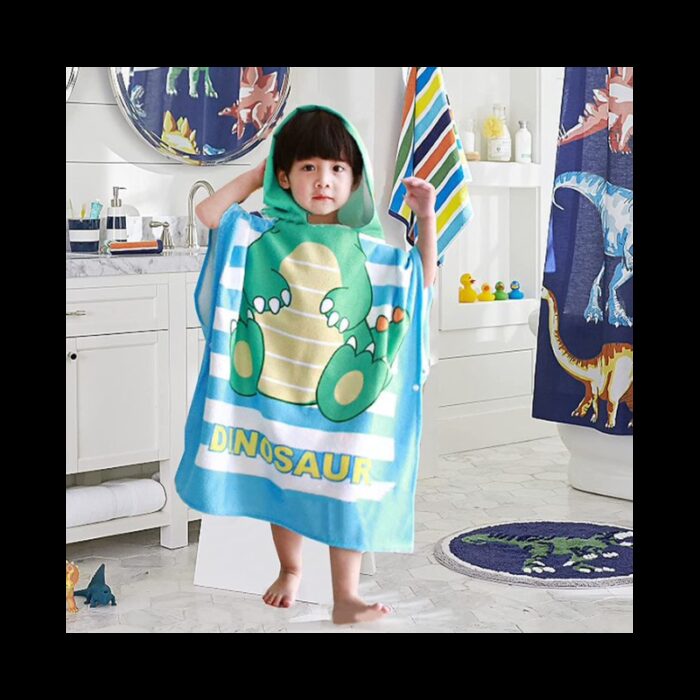 ⁦منشفة حمام للأطفال مع غطاء للرأس حجم كبير لون أخضر وأزرق⁩ - الصورة ⁦4⁩