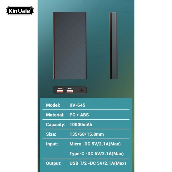 ⁦باور بانك  منفذ تايب سي  c و ميكرو و usb محمول سعة 10000 ميلي أمبير KV- 645⁩ - الصورة ⁦5⁩