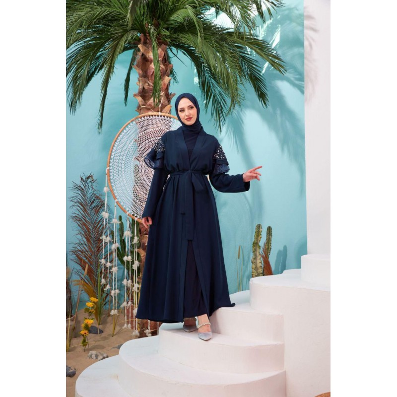 ⁦عباية مفتوحة مع أحجار زركون على الكتف لون كحلي⁩ - الصورة ⁦1⁩