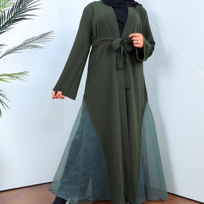 ⁦عباية مفتوحة بتصميم شيفون من الأسفل لون زيتي⁩ - الصورة ⁦3⁩