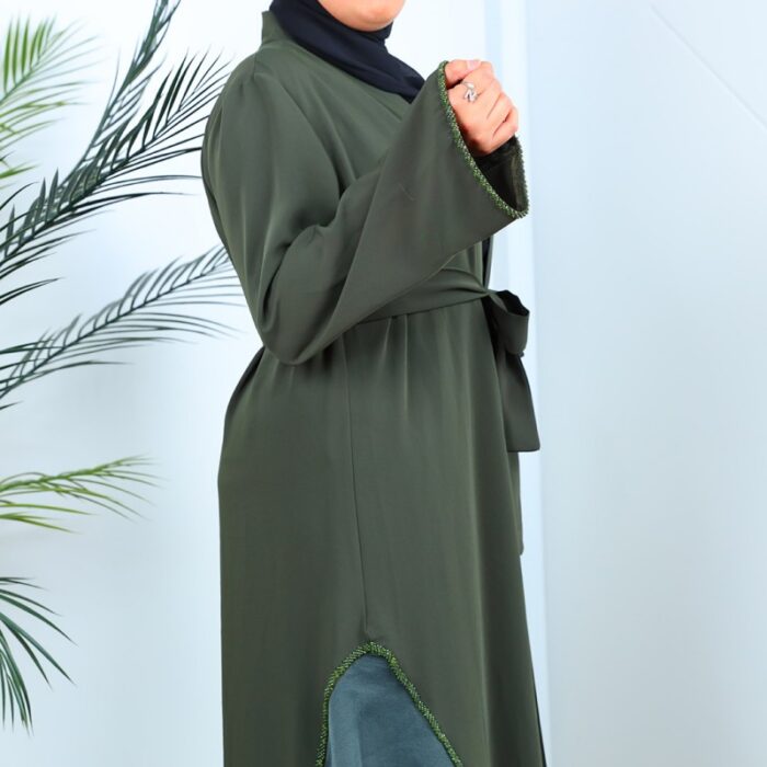 ⁦عباية مفتوحة بتصميم شيفون من الأسفل لون زيتي⁩ - الصورة ⁦5⁩