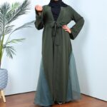 ⁦عباية مفتوحة بتصميم شيفون من الأسفل لون زيتي⁩ - الصورة ⁦6⁩