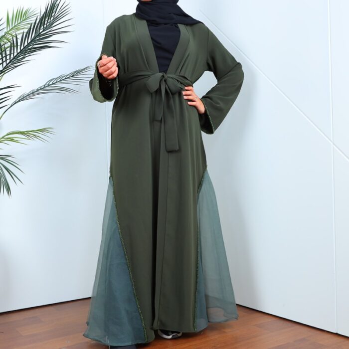 ⁦عباية مفتوحة بتصميم شيفون من الأسفل لون زيتي⁩ - الصورة ⁦7⁩