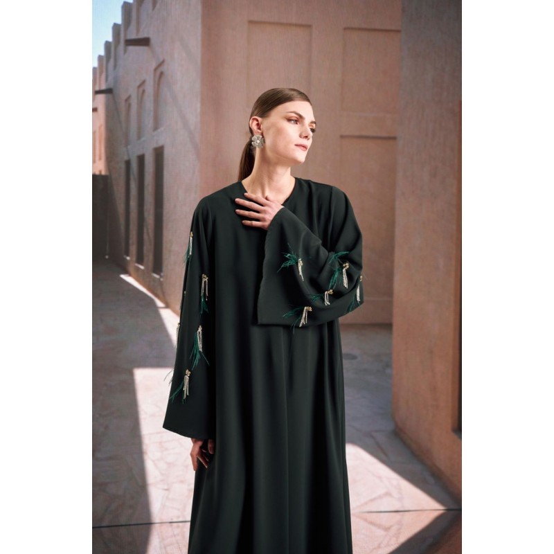 ⁦عباية للنساء مع سحاب قصير لون زيتي⁩ - الصورة ⁦1⁩