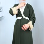 ⁦عباية مفتوحة لون زيتي بتصميم لولو على أطراف الكم⁩ - الصورة ⁦2⁩