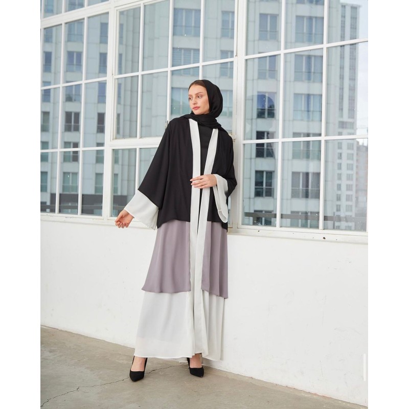 ⁦عباية مفتوحة لون أسود وأبيض ورمادي⁩ - الصورة ⁦1⁩