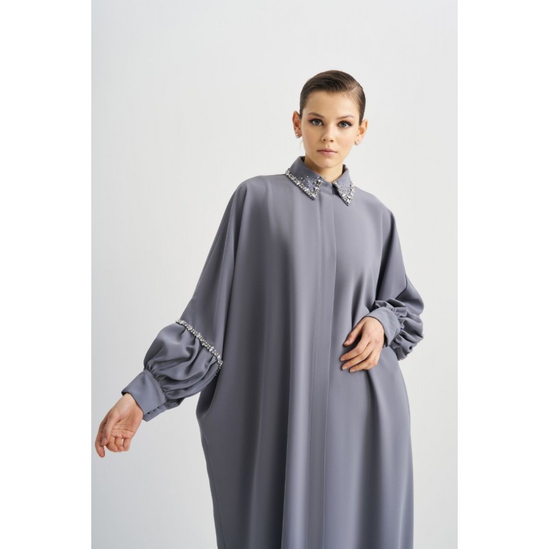 ⁦عباية للنساء مع سحاب لون سكني⁩ - الصورة ⁦1⁩