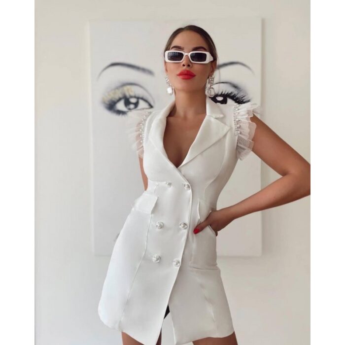 ⁦فستان قصير بأزرار من الأمام لون أبيض⁩ - الصورة ⁦4⁩