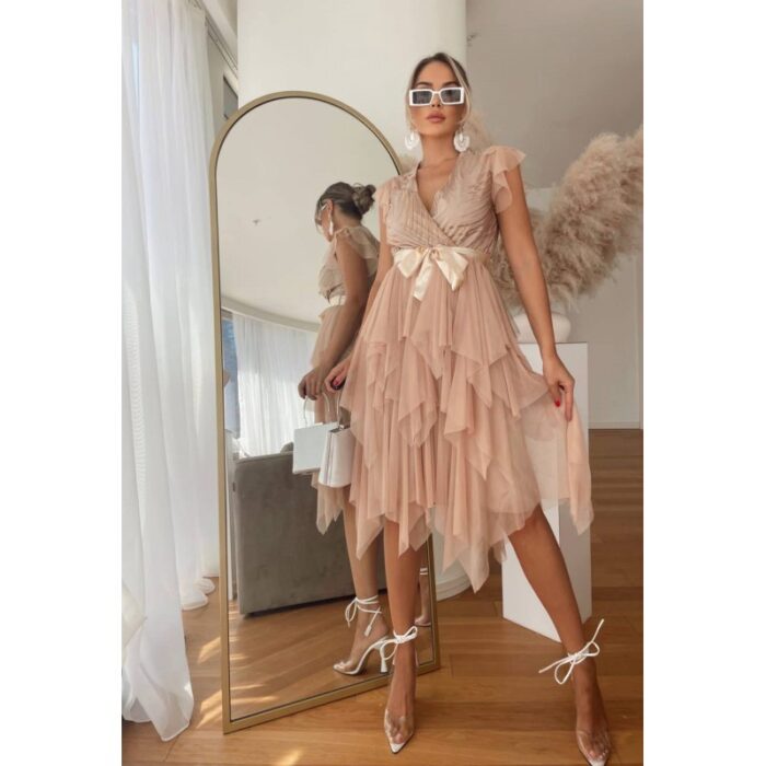 ⁦فستان قصير لون بطيخي⁩ - الصورة ⁦2⁩