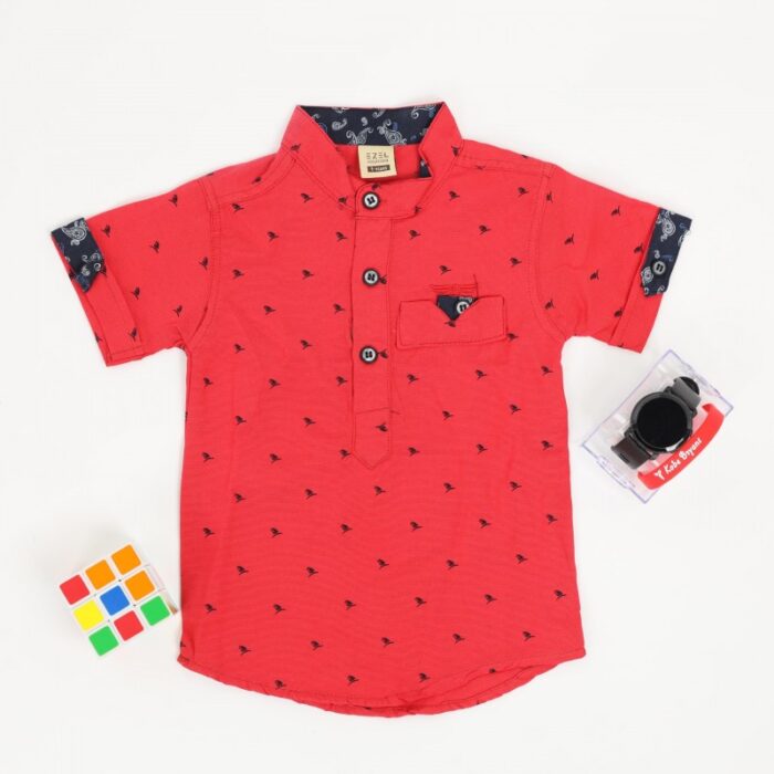 ⁦قميص نصف كم بدون قبه للأطفال لون احمر⁩ - الصورة ⁦2⁩